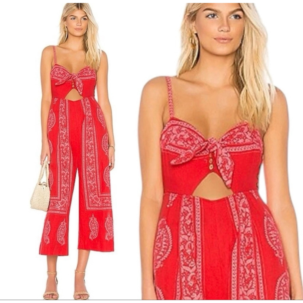 Free People Feel The Sun Red Bandana Jumpsuit NWT Sz 10 Boho Paisley Prairie - Picture 1 of 10